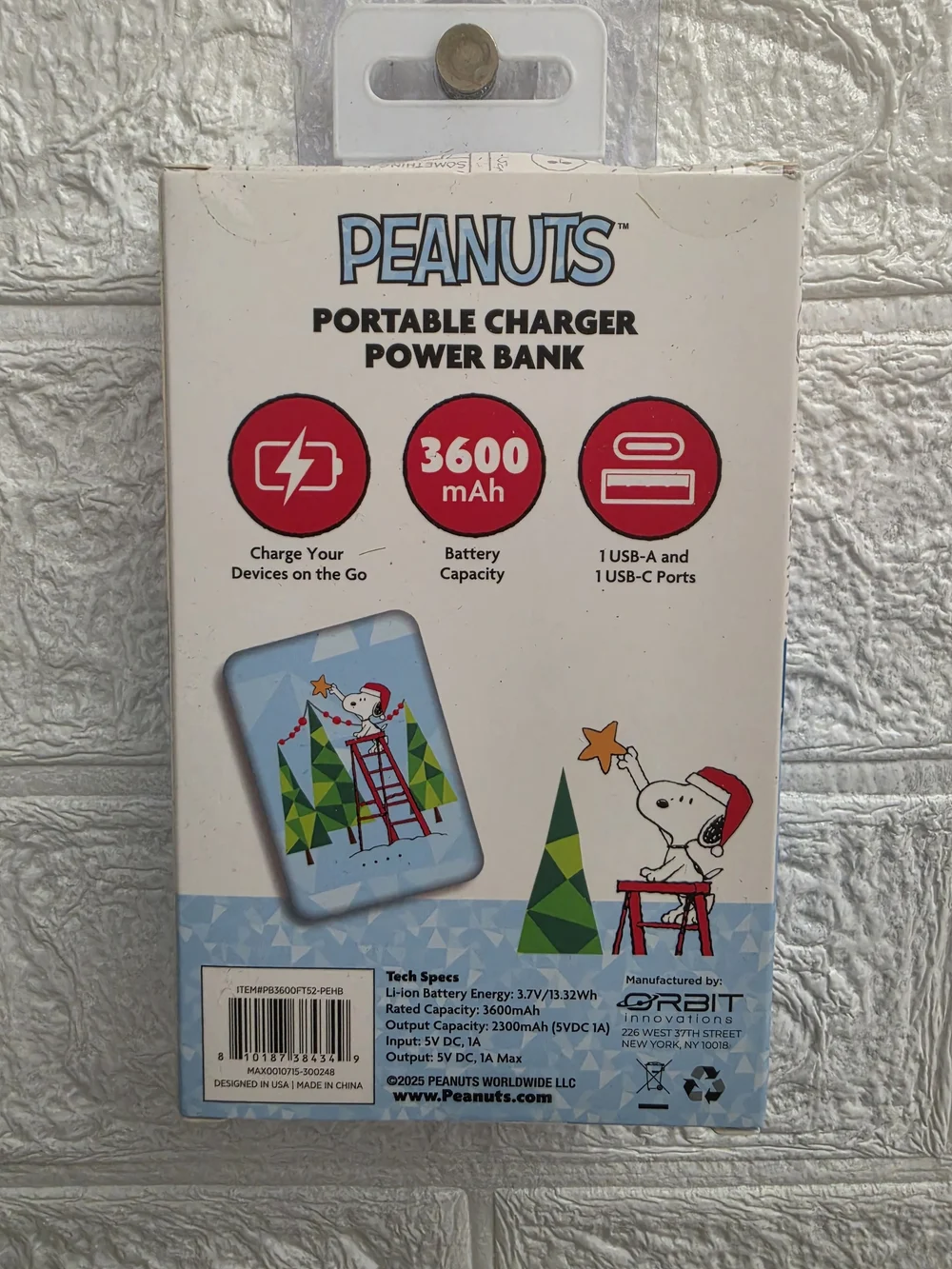 Peanuts Snoopy Power Bank 3600mAh USB-C USB-A Holiday 75th Anniversary Charger